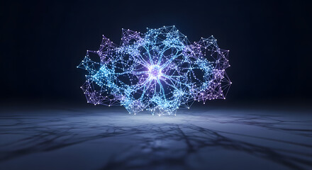 Glowing network of connected dots forming a complex structure on a reflective surface in the dark