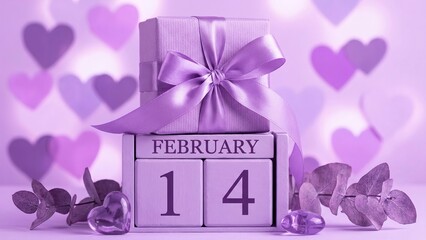 Stunning Valentine's Day gift with elegant purple ribbon and hearts, perfect for romantic greetings or loving celebration designs