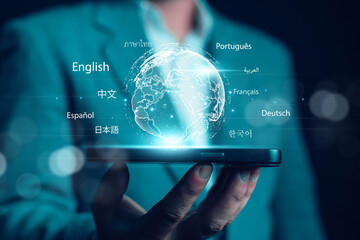 A business professional holding a smartphone with a glowing digital globe surrounded by multiple languages, symbolizing multilingual communication, translation technology, global access, international