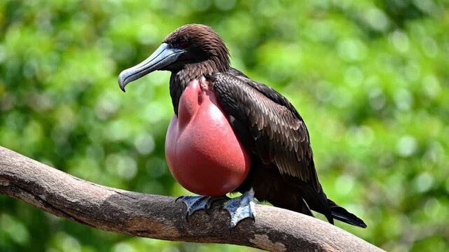 Close-up of a frigatebird perched on a tree branch with vibrant red throat pouch in a lush green forest