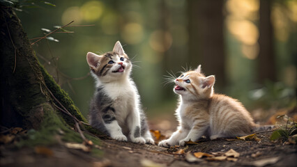 Two playful kittens in a serene forest setting at sunset