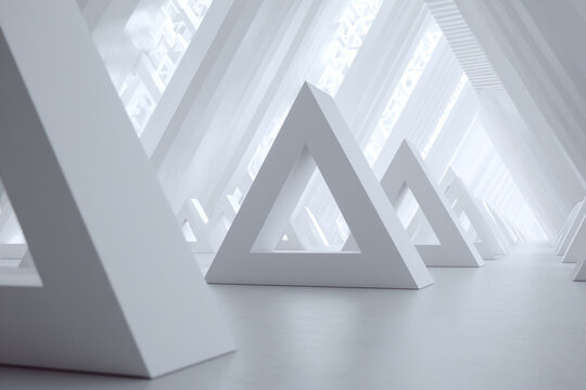 Futuristic abstract architecture with geometric triangular shapes in a bright white tunnel