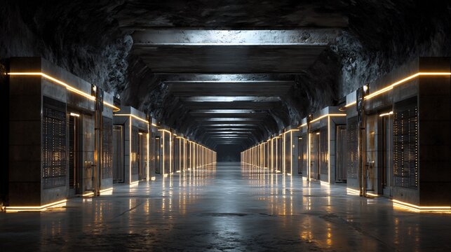 Massive underground quantum data center facility epic scale row of enormous glowing computing machine stretching into distance industrial brutalist concrete architecture mixed advanced technology