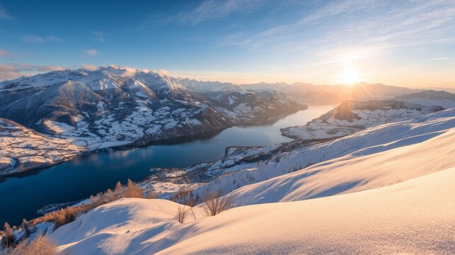 Breathtaking snowy landscape with mountains and lake at sunset in winter