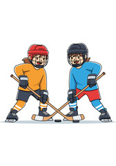 Two young hockey players in bright jerseys face off on the ice as their sticks clash over the puck in a lively match under arena lights.