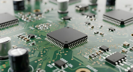 A close up view of a green circuit board with various electronic components displayed clearly in focus