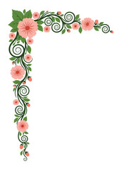 Vibrant pink flowers weave through curling green vines along a decorative corner border with leaves and blossoms forming an elegant frame for invitations.