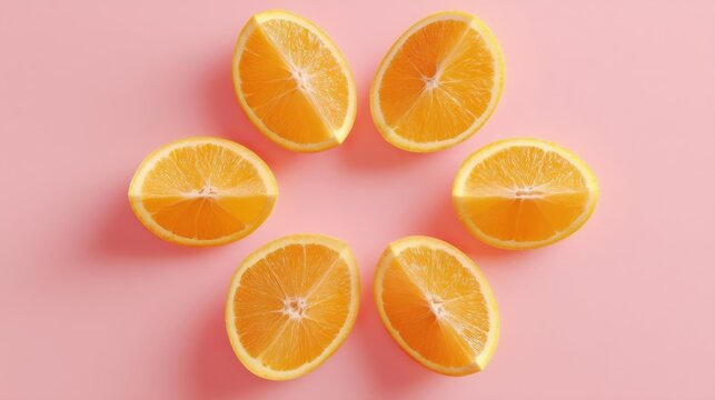 Five sliced oranges arranged in a circle showcase their vibrant cross sections with visible cores against a soft pink ba
