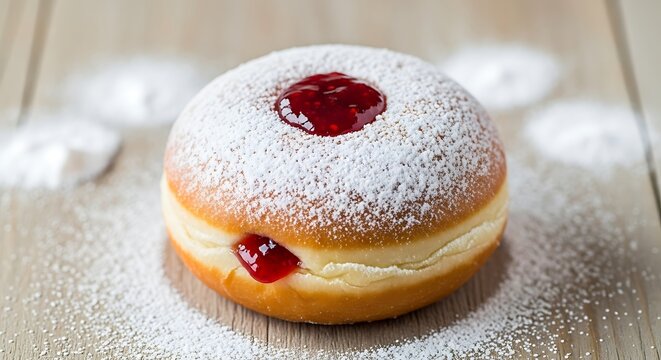Jelly-filled donut with powdered sugar and jam on a wooden table