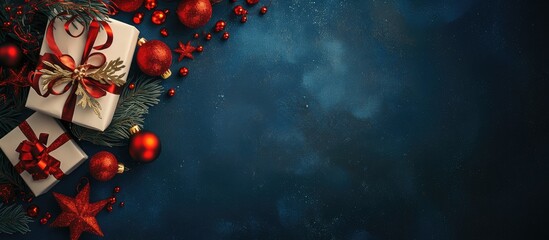 Dark blue Christmas background with gift boxes, red ornaments, and fir branches arranged along the edge creating a festive holiday frame.