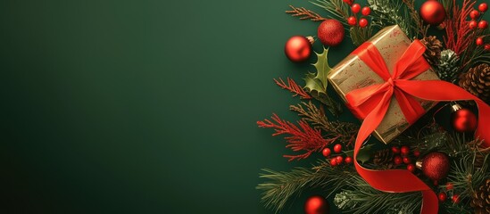Green Christmas background with a gift box, red ribbon, pine branches, and festive ornaments forming a holiday corner frame.