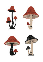 Four whimsical cartoon mushrooms in red beige and black stand together in a forest scene with smiling faces and shapes for a playful woodland fungi collage.