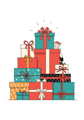 Colorful christmas gift stack with bright ribbons and bows rising high while a cheerful Santa peeks from behind the presents amid festive cheer and delight.