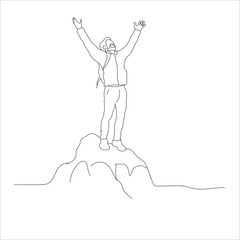 mountain climber line art.One continuous line drawing.Linear. Hand drawn,white background. Man on top of the mountain. Success. 