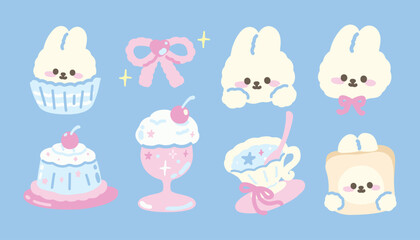 Set of Cute Bunny with Dessert, Pudding with Cherry, Ice Cream Sundae. Hand drawn Cartoon kawaii style. Vector. flat design. 