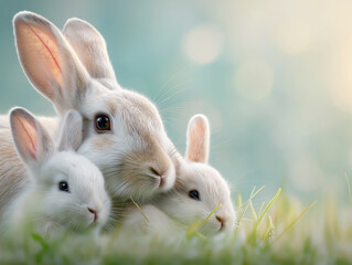 Tender family portrait of three adorable rabbits in soft natural light