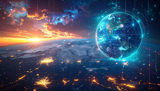 Digital Earth rises over illuminated cities, against a fiery sunset and starry galaxy backdrop