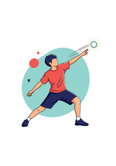 Young athlete in a red shirt and blue shorts launches a discus with focus and power as a teal circle background emphasizes motion and athletic effort.