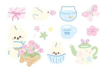 Set of Cute Kawaii Elements Set. Bunny. Hand drawn Cartoon kawaii style. Vector. flat design. 