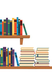 Colorful books of various sizes stand upright and stacked on wooden shelves creating a bright cozy study corner inviting exploration and quiet reading.