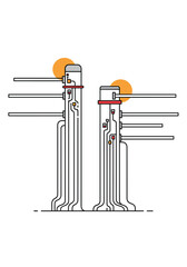 Two tall abstract industrial columns rise from a complex network of pipes with orange circles behind them symbolizing a stylized chemical processing facility.