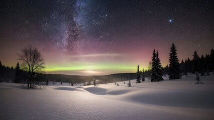 Majestic aurora borealis dances above serene winter landscape