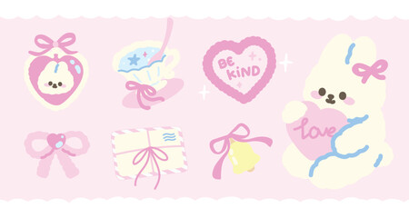 Set of Cute Kawaii Elements Set with Bunny, Tea Cup, Stars, Envelope, bell, Ribbon Bow Vector. flat design. 