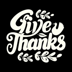 Give Thanks script with turkey and leaves text lettering