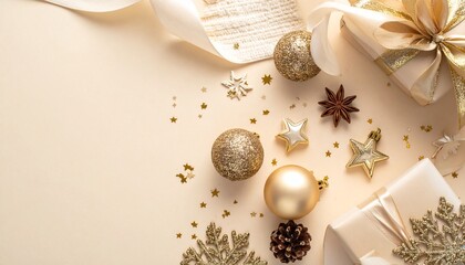 Festive Arrangement: An elegant composition of shimmering holiday ornaments, gifts, and decorative elements create a warm and inviting atmosphere, conveying the spirit of the season.