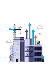 Construction workers operate a busy city site with a tall crane and modern buildings while colorful arrows rise upward to symbolize growth and progress.