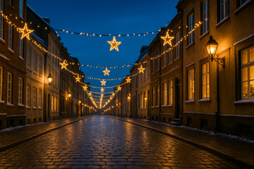Fototapeta premium Magical illuminated street with festive stars on winter evening
