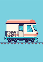 Vintage recreational vehicle travels along railway tracks with a rear cargo crate filled with neatly stacked logs under a blue sky against a pale backdrop.