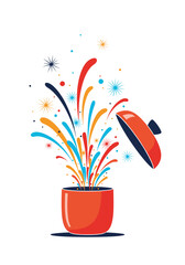 Vibrant streamers and bursts of color shoot upward from a bright red pot while the cap sails aside creating a dynamic festive display of energy and celebration.