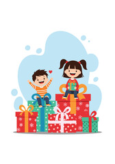 Two children sit on a bright stack of wrapped gifts smiling with delight as they celebrate a magical festive moment surrounded by colorful present boxes.