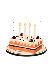 Vibrant birthday cake on a round plate featuring three layered sponge with creamy frosting and chocolate drizzle topped by sprinkles and four lit candles.