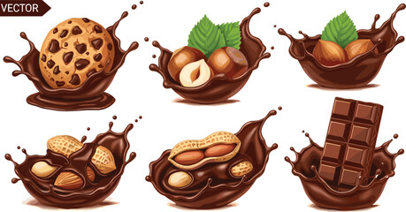 Chocolate splashes with cookie nuts and chocolate bar hazelnut