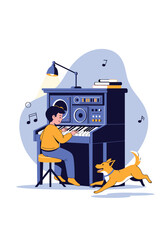 Young boy plays a piano while a playful dog watches in a cozy music room filled with instruments and warm light while notes drift around the room.