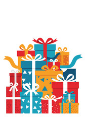 Colorful gift boxes are stacked in a festive arrangement with bright ribbons and bows in red blue yellow and teal creating a cheerful holiday display.