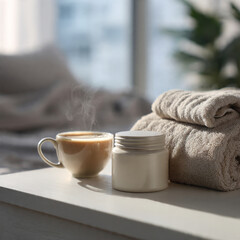 Fototapeta premium Relaxing morning routine with steaming coffee, skincare cream, and soft towels on a sunlit table.