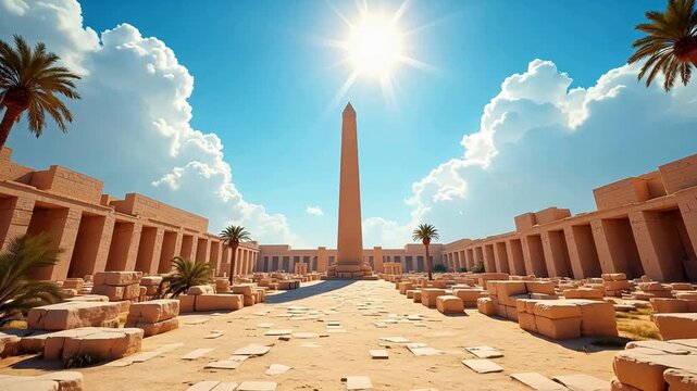 Ancient obelisk and ruins under sunny sky