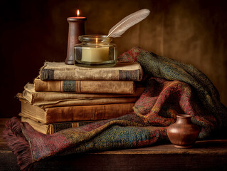 Antique books and quill pen evoke a sense of old world scholarship and literary pursuits