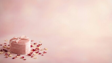 Elegant pink heart shaped jewelry box surrounded by rose petals creates a romantic and loving mood for Valentine's Day or a special proposal