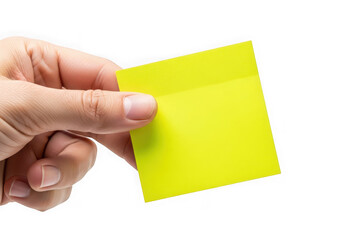A persons hand holds up a bright yellow square sticky note, ideal for writing important information, isolated on transparent background