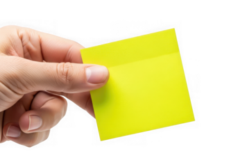 A persons hand holds up a bright yellow square sticky note, ideal for writing important information, isolated on transparent background