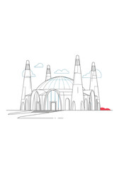 Line drawing of a futuristic mosque with a large central dome and multiple slender minarets towering beside arched entrances under a light sky.