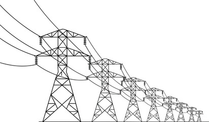 High voltage electricity pylon line art, black transmission tower vector, perspective view power grid, industrial energy distribution, isolated on white background