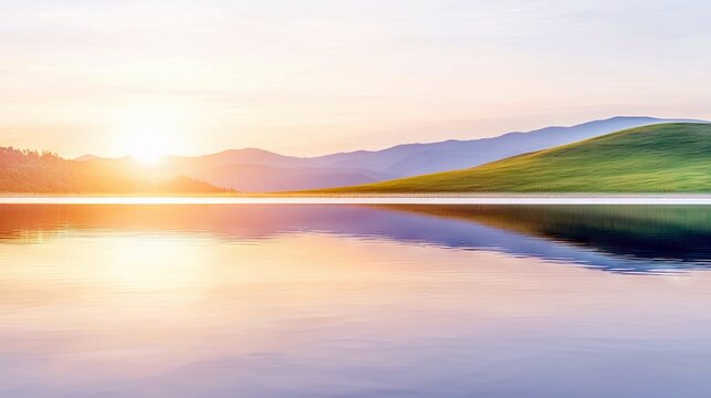 A tranquil landscape scene featuring a lake reflecting the sunrise, with mountains and green hills in the background. The sky is filled with warm colors.