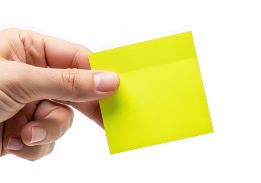 A persons hand holds up a bright yellow square sticky note, ideal for writing important information, isolated on transparent background