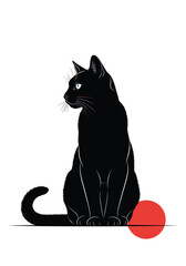 Black cat silhouette sits upright on a thin line with a bright red ball beside it in a minimalist high contrast illustration.