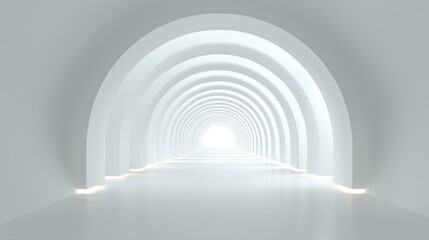 Ultra modern architectural space with concentric arches forming a tunnel corridor leading to bright light,